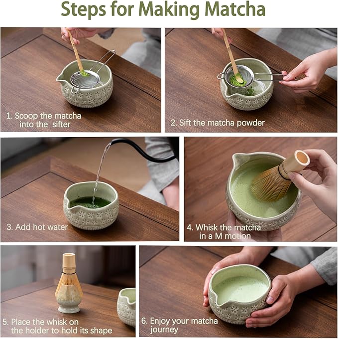 Buucup Matcha Whisk Set, Ceramic Matcha Kit Set Includes Matcha Bowl, Matcha Whisk and Holder, Bamboo Scoop, Scoop Rest, Sifter and Tea Towel - 7 Pcs Matcha Kit for Matcha Lovers (Mottled Green)