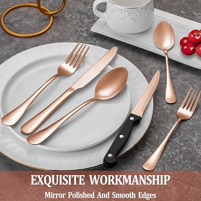 36 Pcs Rose Gold Silverware Set with Steak Knives Service for 6,Stainless Steel Flatware Set,Mirror Polished Cutlery Utensil Set, Kitchen Eating Tableware,Include Fork Knife Spoon Set,Dishwasher Safe
