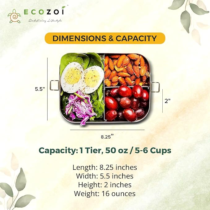 ecozoi Stainless Steel Lunch Box, Leak Proof 3 Compartment, Medium | Redesigned Silicone Seal | Sustainable Zero Waste Eco Friendly Bento Box Food Storage Container