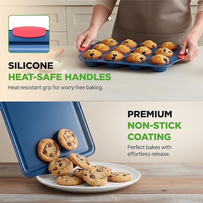 NutriChef 10-Piece Nonstick Bakeware Set - Deluxe Carbon Steel with Blue Silicone Coating, Red Handles, Professional Grade Kitchen Essentials, Ideal for Baking Cakes, Cookies, and More (Blue)