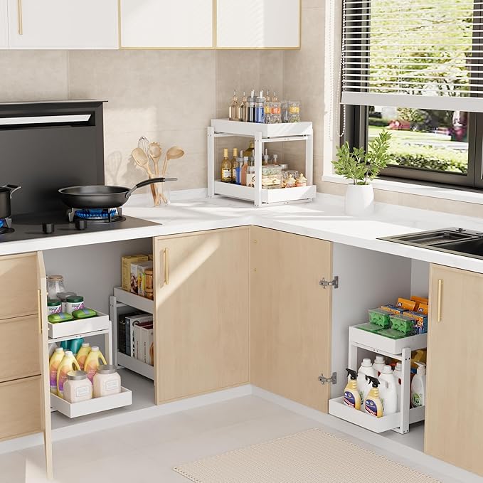 Bamboo Wood Under Sink Organizer 2 Pack, Pull Out Cabinet Organizer 2 Tier Under Sink Organizers and Storage with Sliding Drawer Sturdy Easy Assembly for Kitchen Bathroom (White)
