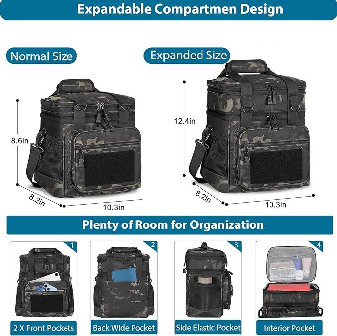 GLENKEY Tactical Lunch Box Cooler Bag - Expandable Insulated Lunch Bag for Men Women - Large Lunchbox for Adults Work Shifts Outdoor Trips Black Camo 16L