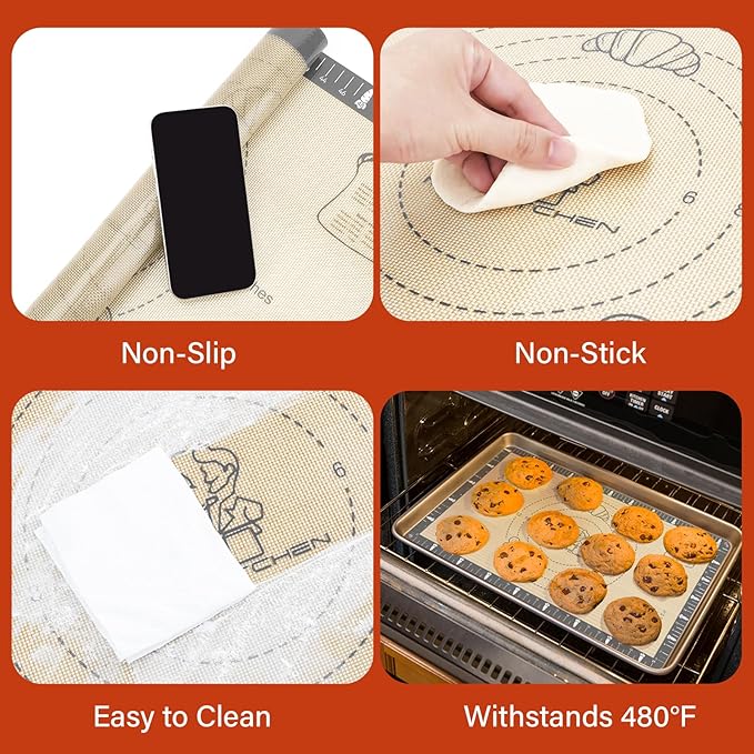 Extra Thick Silicone Mat for Baking Macaron, Bread, Pizza, Silicone Baking Mat with Measurement, Non Stick Pastry Mat for Dough Rolling Out, Heat Resistant to 480°F for Baker