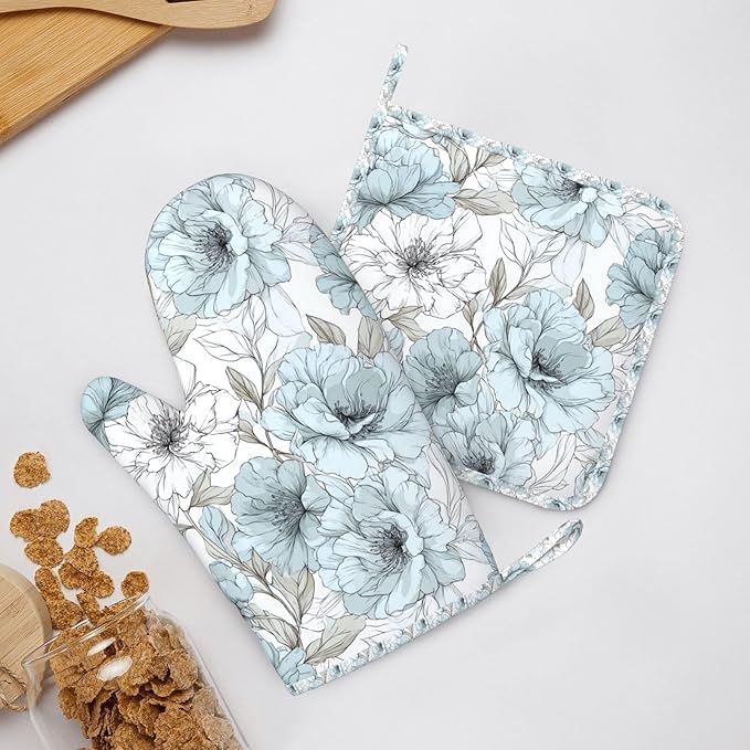 Oven Mitts and Pot Holders Set, Vintage Pastel Flower Peony Silicone Kitchen Accessories 4 Piece Heat Resistant Long Gloves Potholder Non-Slip Grip for Chef Cooking Baking Grilling BBQ