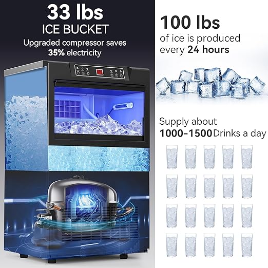YITAHOME 100lbs Under Counter Ice Maker, ETL & DOE Certificated Commercial Ice Maker Machine Commercial, Large Ice Makers Freestanding for Home Cafe Bar Restaurant 45pcs with 33lbs Storage Bin