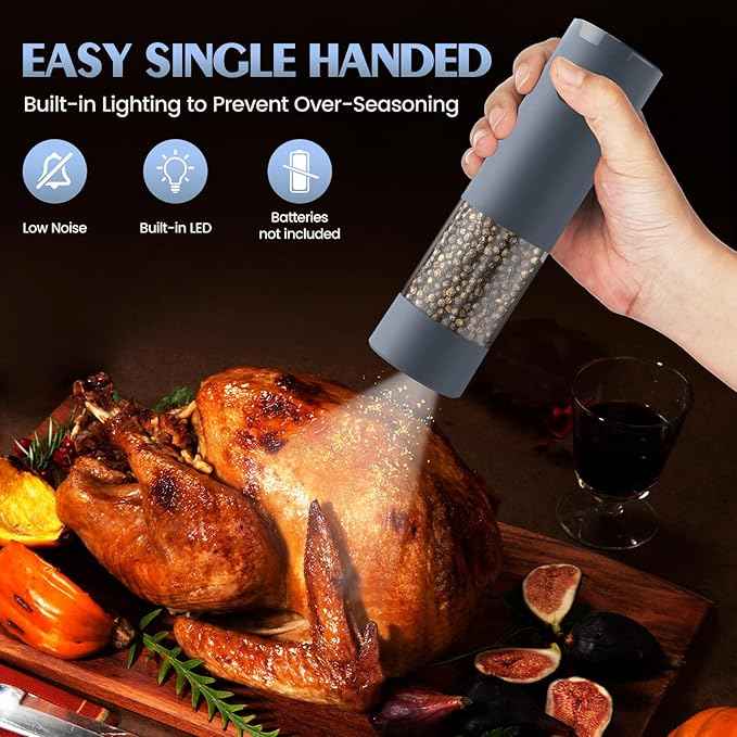 1 Pack Salt and Pepper Shakers Electric Salt Pepper Grinder Set Kitchen Accessories Upgraded Larger Grey Battery Salt Pepper Grinder Shakers Cooking Birthday Gifts for Men