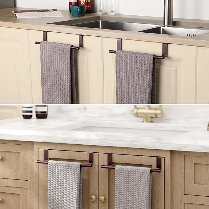 KES Over The Cabinet Towel Holder Fit 1" Thick, Kitchen Towel Holder for Cabinet, Over The Door Towel Bar with Extended Hooks, Brown 2 Pack, KTH500S26-OB-P2