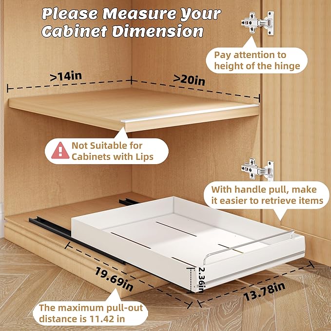 Mingling 2 Pack Pull Out Cabinet Organizer, Carbon Steel Heavy Duty Slide Out Drawer, 21" Deep White Adhesive Pull Out Drawers for Cabinets, Roll Out Shelves for Kitchen Organization, Pantry, Bathroom