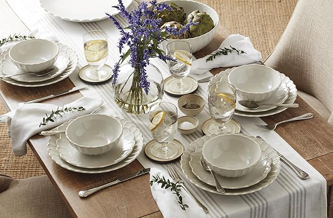 Lenox Stoneware Dinnerware Sets, French Perle Scallop White 12-Piece Dinnerware Set for 4, Service For 4, Dishwasher Safe Dishware, Dishes Set, Stoneware Dinner Plates and Bowls Sets (White, 12 Piece)
