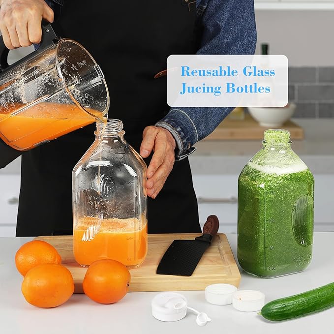 Syntic 4 Pack 2 Qt Glass Milk Bottles with Handle and Airtight Reusable Screw Lids, 1/2 Gal Glass Water & Juice Bottles with 2 Pour Spouts, 64 Oz Milk Jug Pitcher w Scale
