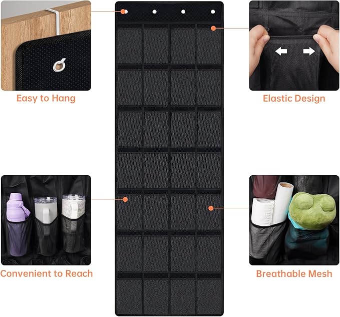 NiHome 28-Pocket Over-the-Door Organizer for Stanley Cups, Large Tumblers, Water Bottles, Travel Mugs, Lids, Space-Saving Elastic Mesh Bottle Holder for Kitchen, Pantry, RV, Cabinet Doors (Black)