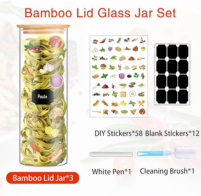 BGraceyy Glass Jars with Bamboo Lids, 72oz 3Pcs Kitchen Glass Containers with Bamboo Lids, Airtight Glass Pantry Storage Containers with Lids for Spaghetti, Pasta, Rice, Nuts, Flour, Bean, Dry Foods