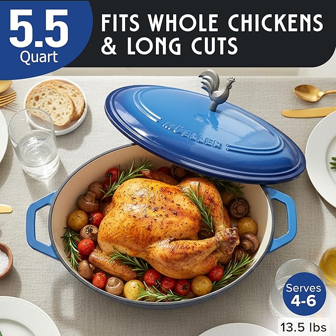 MUELLER HOME 5.5 Quart Enameled Cast Iron Oval Dutch Oven w Rooster Knob & Cotton Potholders, Heavy-Duty Cookware, Oven-Safe up to 500° F & Across All Cooktops, Gifts for Grandma & Women, Aqua Blue