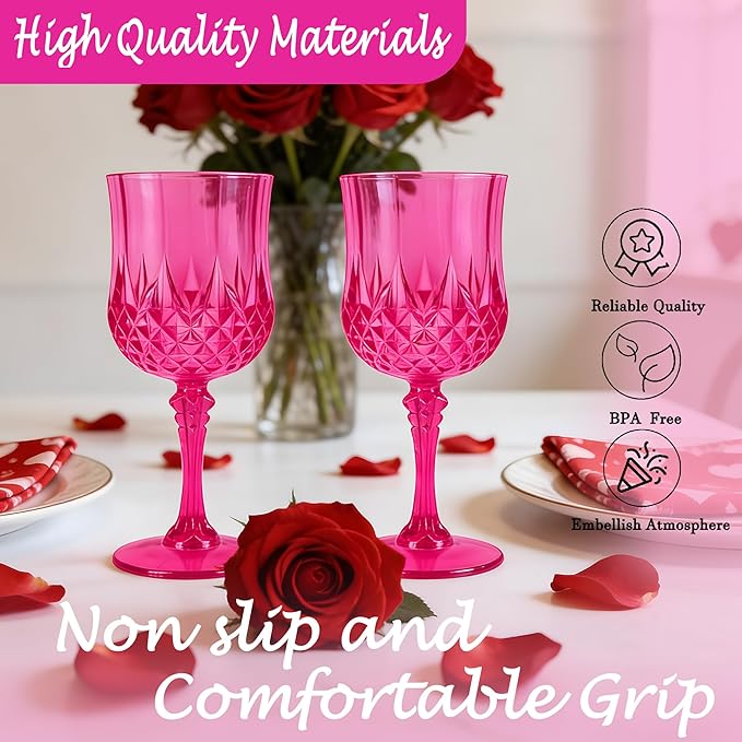 Plastic Wine Glasses, Plastic Goblets Vintage Style Cordial Unbreakable Drinking Glasses, Reusable Drinkware for Wedding Reception, Grand Event Party Supplies, Mother's Day (12, Hot Pink)