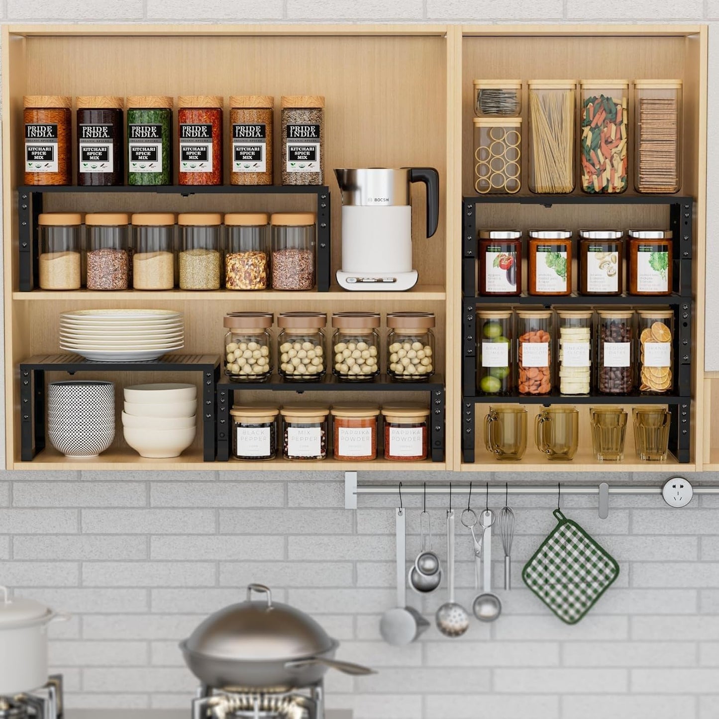 Expandable Spice Rack Kitchen Cabinet Shelf Organizer, Stackable Storage Shelves Racks, Adjustable Counter Shelving for Cabinets, Countertop, Cupboard,Pantry and More(3Packs/Black/Medium)
