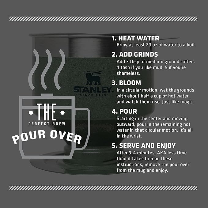 STANLEY Perfect Brew Pour Over Manual Single Cup Coffee Maker Drip Coffee Maker with Reusable Filter | Easy Clean Stainless Steel BPA-Free Hammertone Green (Pack of 4)