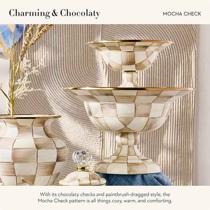 MACKENZIE-CHILDS Enamel Compote, Cute Enamel Pedestal Serving Dish or Decorative Bowl, Small, Brown-and-White Mocha Check