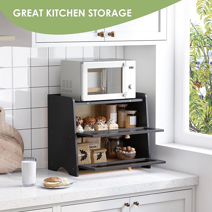 JANSNIMEN Double Layer Bread Box for Kitchen Countertop, Large Breadbox Bread Container Storage with Acrylic Door, Wooden Farmhouse Bread Holder (Black, Medim-15.7" L x 9.5" W x 13" H)