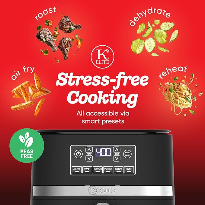 Kitchen Elite 5 Qt Large Digital Air Fryer Oven Family Size Countertop Oil-Free Cooker with Viewing Window & Light, PFAS-Free Nonstick Basket, Black