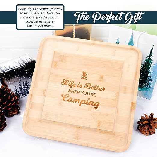 Pavilion - Life Is Better When You’re Camping - Square Cheese Board & Knife Set with Hidden Drawer, Charcuterie Board, Bread Board, 1 Count - Pack of 5, 13 x 13 x 1.25-Inches