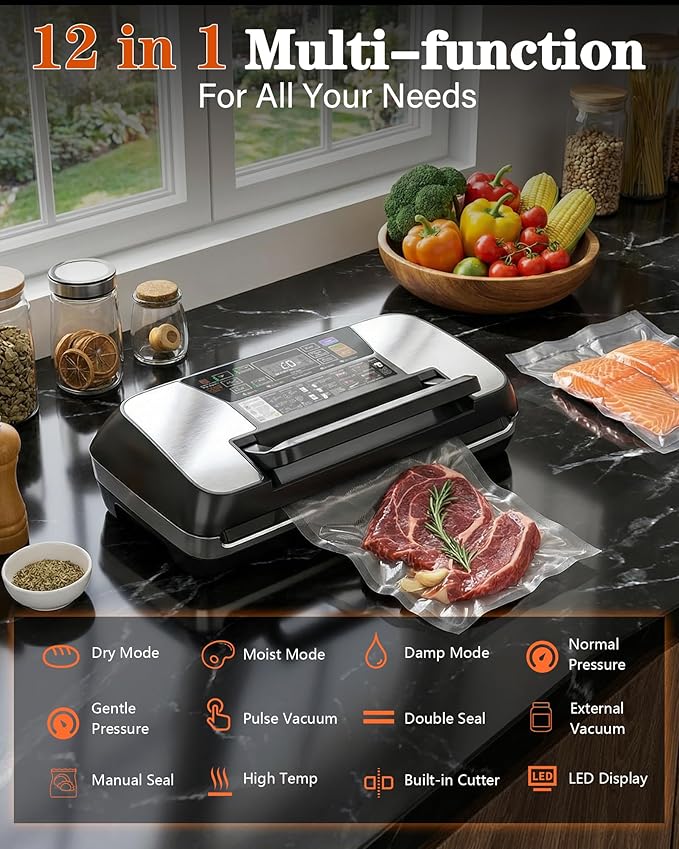 95KPa Food Vacuum Sealer Machine, 230W Vacuum Pack Machine 12-in-1 Automatic Powerful Food Preservation System with Double Heat Seal, Includes Built-in Cutter, Storage, 1 Roll & 10 Bags Black-silver