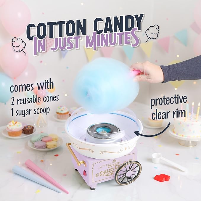 Nostalgia Vintage Hard and Sugar Free Candy Countertop Cotton Candy Maker, Includes 2 Reusable Cones And Sugar Scoop – Lavander
