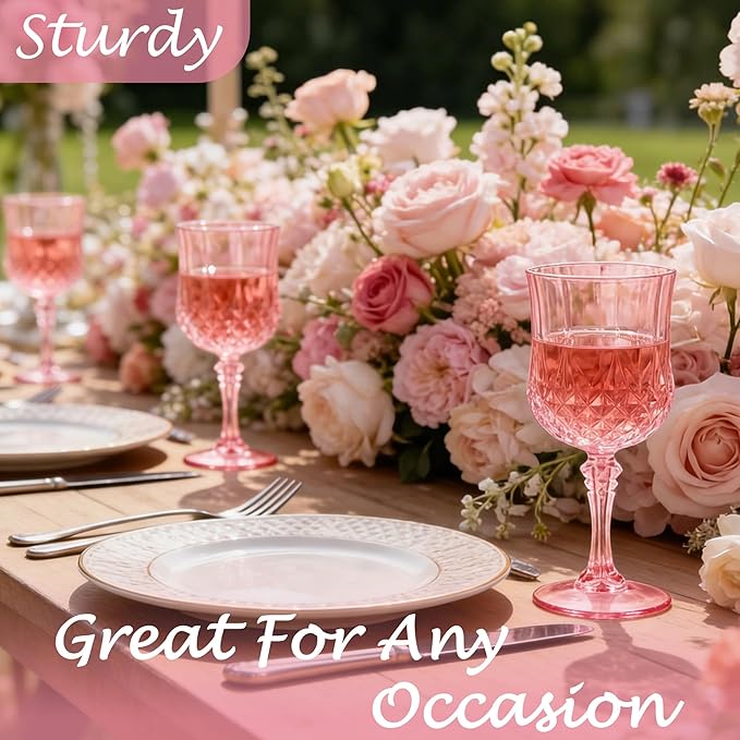 Plastic Wine Glasses, Plastic Goblets Vintage Style Cordial Unbreakable Drinking Glasses,Reusable Drinkware for Wedding Reception, Grand Event Party Supplies, Mother's Day(12, Pink)