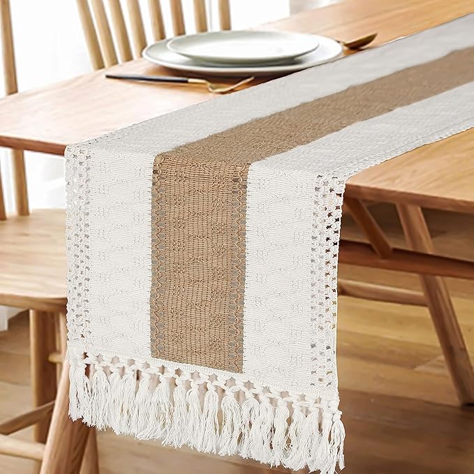 FEXIA Boho Table Runner 48 Inches Long with Tassels Christmas Thanksgiving Farmhouse Home Decor Rustic Cream & Brown Macrame Table Runner for Dining Bedroom Baby Bridal Shower Decor(12x48 Inches)