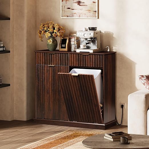 WLIVE 2 * 10 Gallon Double Tilt Out Trash Can Cabinet, Hidden Trash Can Cabinet with 2 AC+ USB Outlets, Storage Drawers, Food/Clothes Storage Pet Proof Kitchen Trash bin Cabinet for Home (Brown)