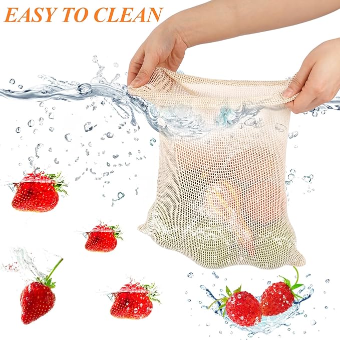 PEASUG 8 Pack Reusable Produce Bags Grocery Washable, Cotton Mesh Vegetable Bags for Refrigerator Grocery Fruits and Veggies Shopping, Transporting Storing (2XL,2L,2M,2S)