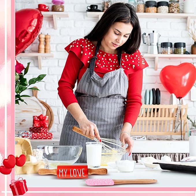 Fuutreo Valentines Holiday Mini Bake Set with Mini Spatula, Whisk and Rolling Pin, Sweetheart Pattern, Heat Resistant, Valentine Sweet Gift Bake Set for Baking Cooking Sauteing Mixing Serving Stirring