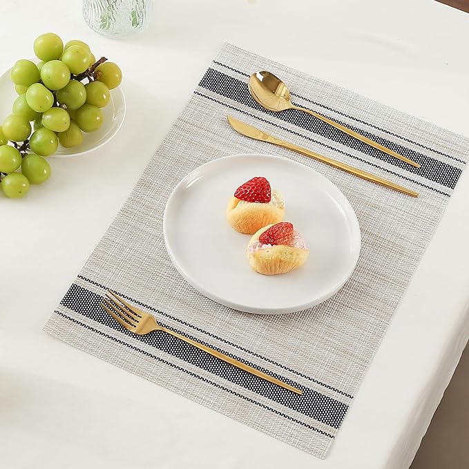 Leetaltree Khaki-Blue Placemats, Heat Resistant Non-Slip Place mats for Dining Table, Washable Durable PVC Vinyl Woven Table Mats (Set of 8)