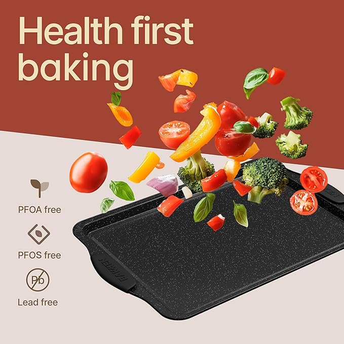 BAKKEN Kitchen Baking Pans - Medium (15.15 × 10.03") and Large (17.1 x 11.8") Nonstick Sheets, Carbon Steel Cookie Sheets with Gray Silicone Handles, PFOA, PFOS, PTFE Free, Oven Safe (450°F), Set of 2