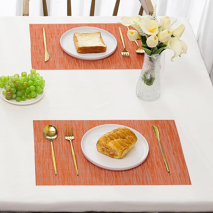 Leetaltree Orange Placemats Set of 12 - Heat Resistant Non-Slip Place mats for Dining Table, Washable Durable PVC Vinyl Woven Table Mats（Orange, 12）