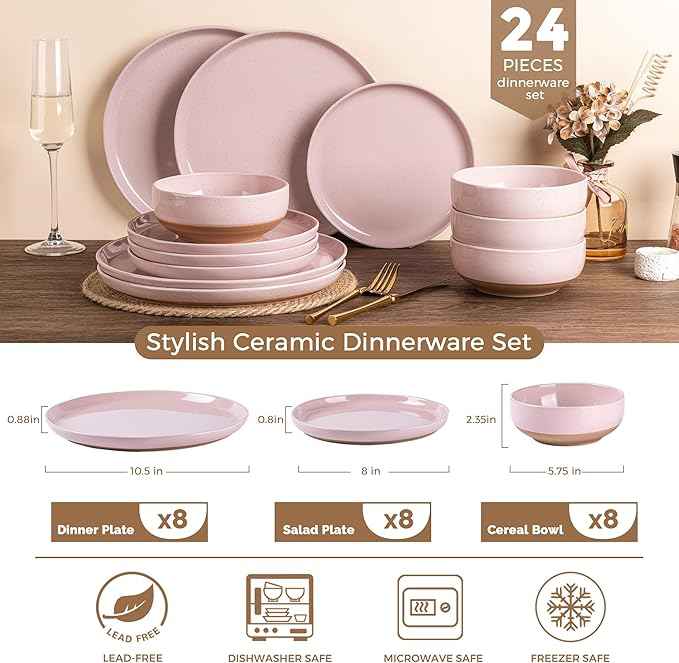 AmorArc Ceramic Dinnerware Sets for 8, 24 Pieces Handpainted Speckled Plates and Bowls Set with Rustic Terracotta Underside, Scratch Resistant Stoneware Dishes Set, Dishwasher & Microwave Safe, Pink
