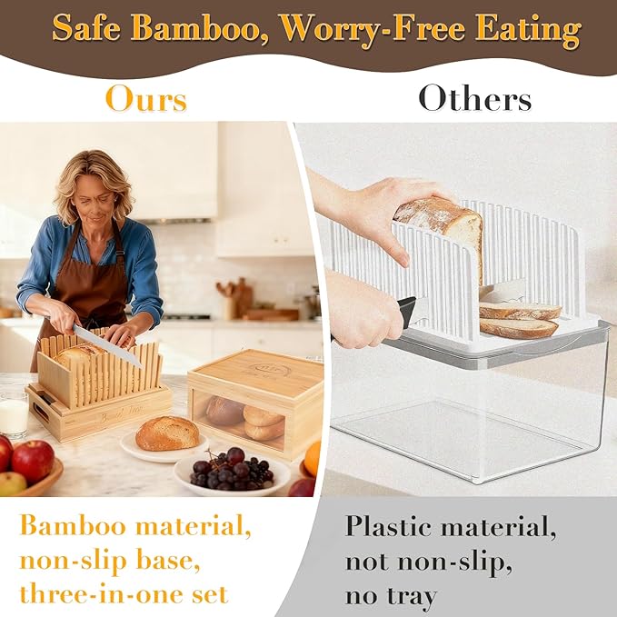 3-in-1 Bread Slicer set for Homemade Bread with Storage Box and Bread Serving Tray for Homemade Bread - Upgrade Bamboo Wooden Bread Slicer Kit - Adjustable Width, Crumb Tray, Cloth Bags