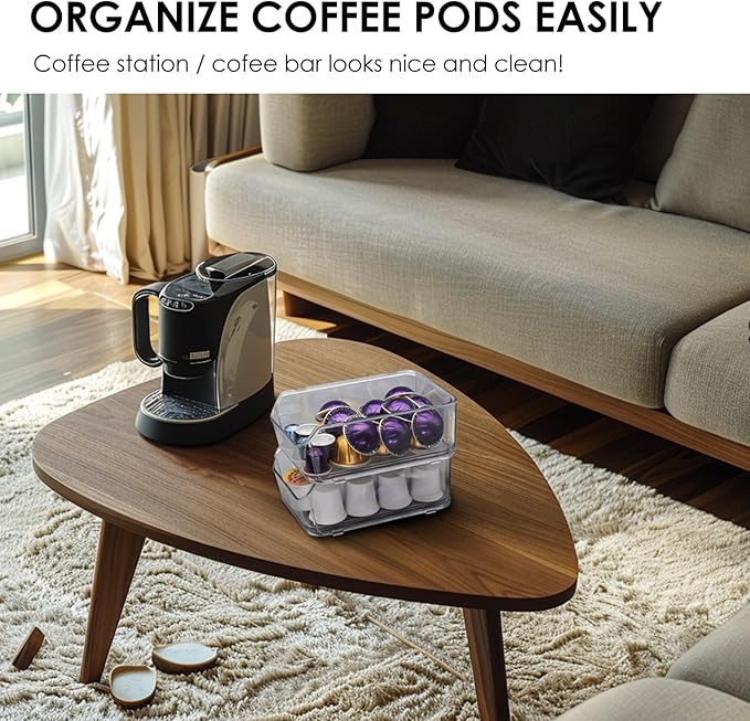Clear Coffee Pod Holder for Counter, Transparent Coffee Pod Drawer for K Cups, Coffee Pod Storage Organizer Compatible with Nespresso Vertuo 38 Large or 52 Small Pods & Keurig Pods, 2 Tiers