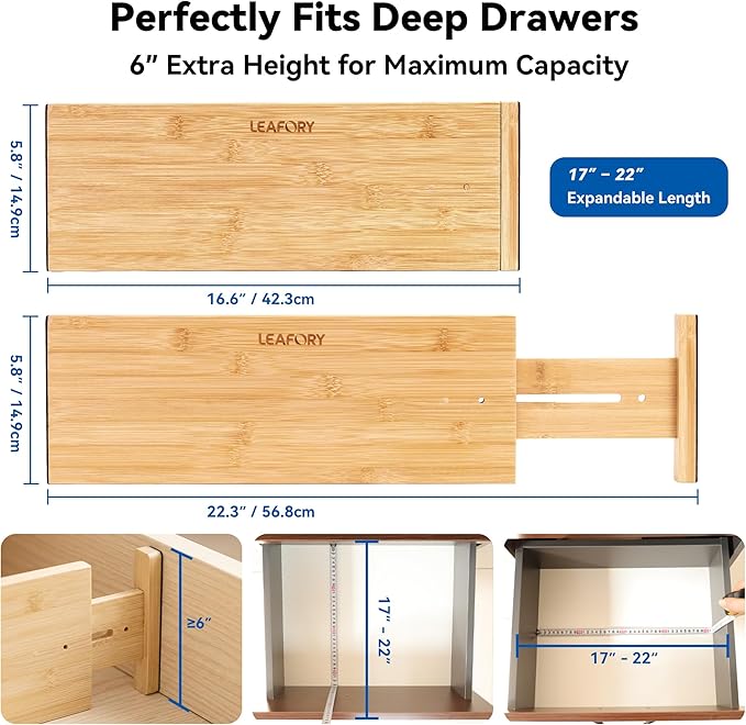 4 Pack Deep Drawer Dividers, 6" High Bamboo Expandable Drawer Organizers, 17-22" Adjustable Tension Separators, Large Drawer Dividers for Kitchen, Bedroom Dresser, Baby Nursery & Bathroom