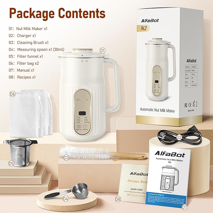Nut Milk Maker, AlfaBot N2 Automatic Almond Milk Machine for Homemade Plant-Based Milk, Oat, Soy, Yogurt, 5 Modes/35OZ Big Capacity Soy Milk Maker with Delay Setting and Self Cleaning (Cream)