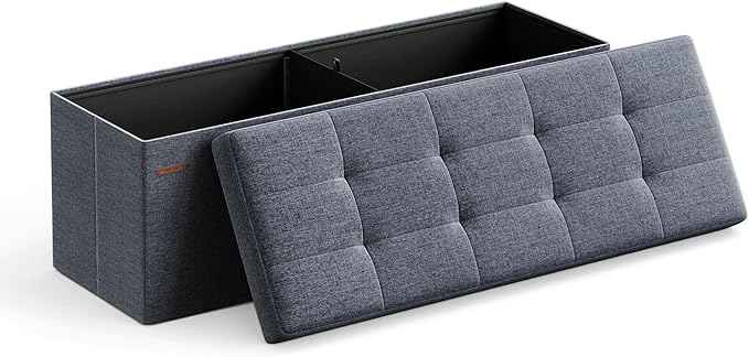 SONGMICS MAZIE Collection - 43 Inches Folding Storage Ottoman Bench, Ottoman Foot Rest, End of Bed Bench, Storage Chest, Load 660 lb, for Living Room, Bedroom, Entryway, Misty Blue ULSF077Q01