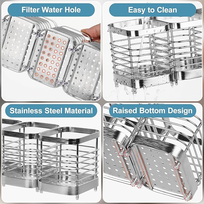 Utensil Holder, Stainless Steel Utensil Drying Rack for Kitchen Counter, Silverware Cutlery Flatware Holder Forks, Knives, Spoons, Chopsticks Organizer (Silver)