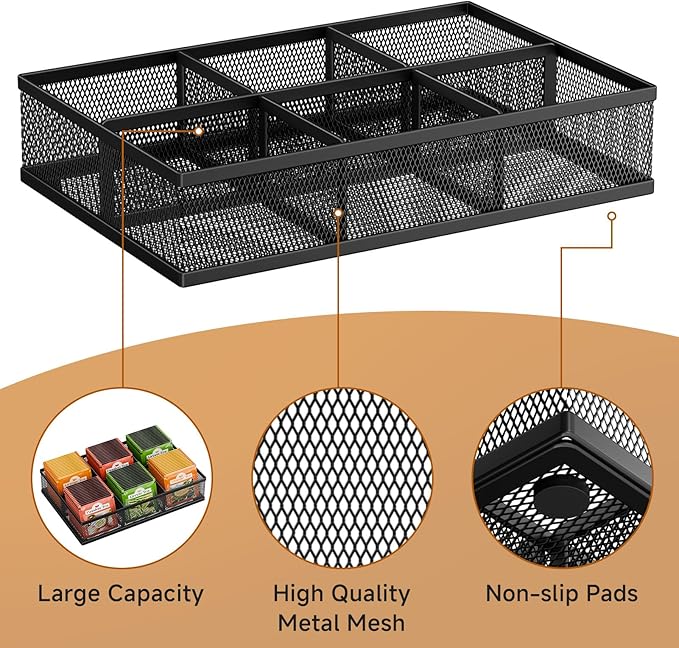 Tea Bag Organizer 6 Grids. Mesh Tea Bag Holder with Handle, Teabag Holder, Tea Station Organizer for Countertop, Pantry, Kitchen, Cabinet - Black