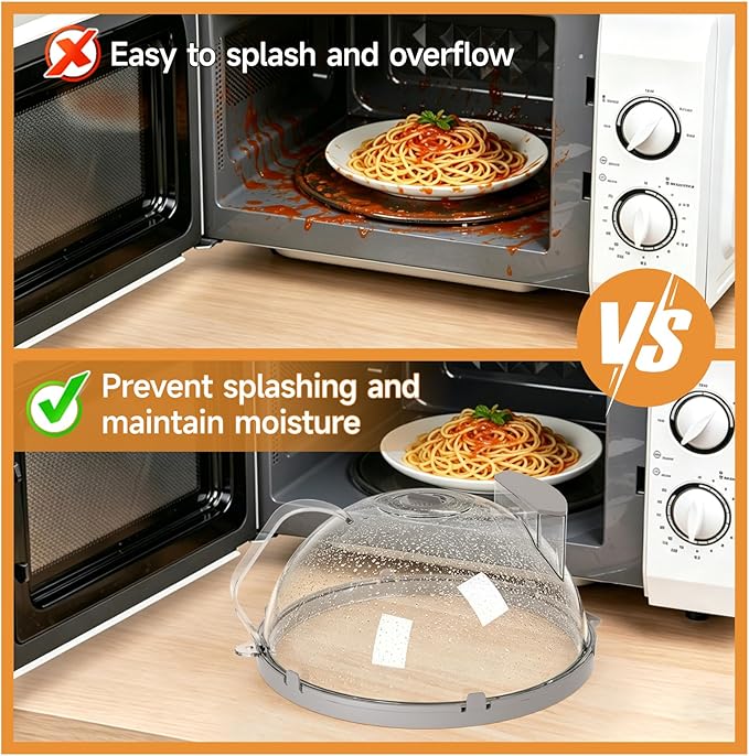 12" Microwave Splatter Cover with Water Steamer, Microwave Cover for Food, Dome Splatter Guard with Hanging Hole, Easy Clean & Space Saving Hanging Design