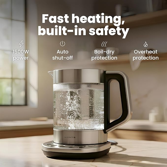 Vianté Electric Tea Kettle With Infuser for Loose Leaf, No Plastic In Contact With Water, Hot Tea Maker with Temperature Control, Automatic Shut Off, 1.5L Borosilicate Glass