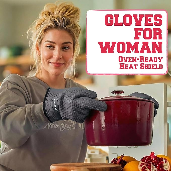KITCHEN PERFECTION S Silicone Smoker Oven Gloves for Women -Extreme Heat Resistant BBQ Gloves -Handle Hot Food Right on Your Grill Fryer |Waterproof Oven Mitts for Cooking |Superior Set+3 Bonuses
