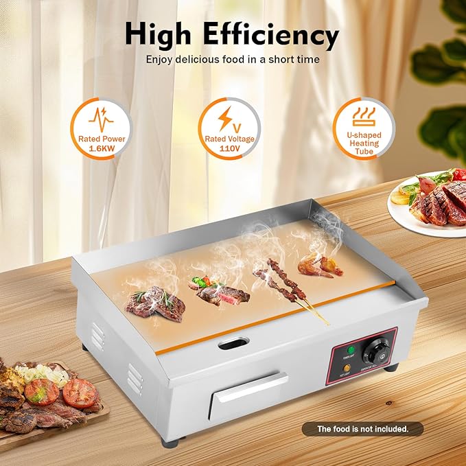 22 Inch Commercial Electric Griddle Flat Top, 110V 1.6KW Grill Hot Plate BBQ Countertop, Stainless Steel Electric Table Stove Fry Pan Adjustable Suitable For Kitchen, Steak Restaurants