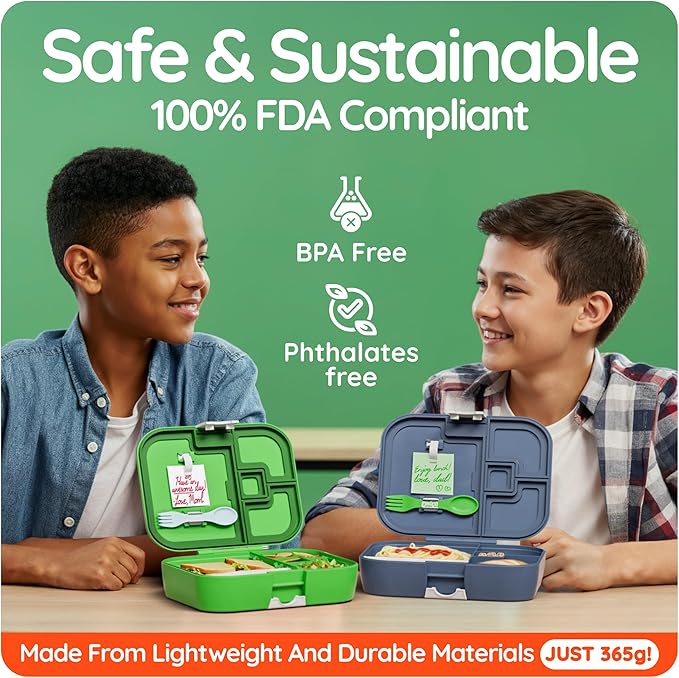 YOOPI Lunch Boxes for Kids–Toddler Bento Box with 4 Leakproof Compartment Food Bentobox Container,Lunch Box for School with Lunchbox Containers, Lightweight Sandwich Box & Snack Box (Green)
