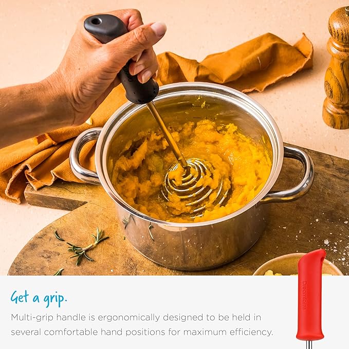 Dreamfarm Smood | One-Handed Stainless-Steel Spring Coil Vegetable and Potato Masher with Soft Grip and Bowl Scraper | Red