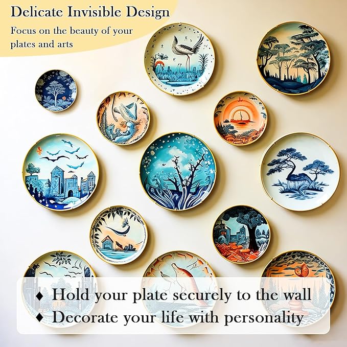 7 Pack Plate Hangers for Wall Display, 6/8/10/12 Inch Invisible Stainless Steel Plate Holders with Wall Hooks, Fit 5.5–12.5 Inch Decorative Plates, Plate Display Hangers for Home Wall Decor, Gold
