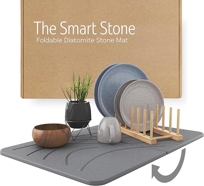 Large Stone Drying Mat with Bamboo Rack | 23.6” x 15.4” Diatomaceous Earth Collapsible Stone Dish Drying Mat | Quick Water Absorbing Foldable Dish Drying Stone for Kitchen Counter Racks (Dark Gray)